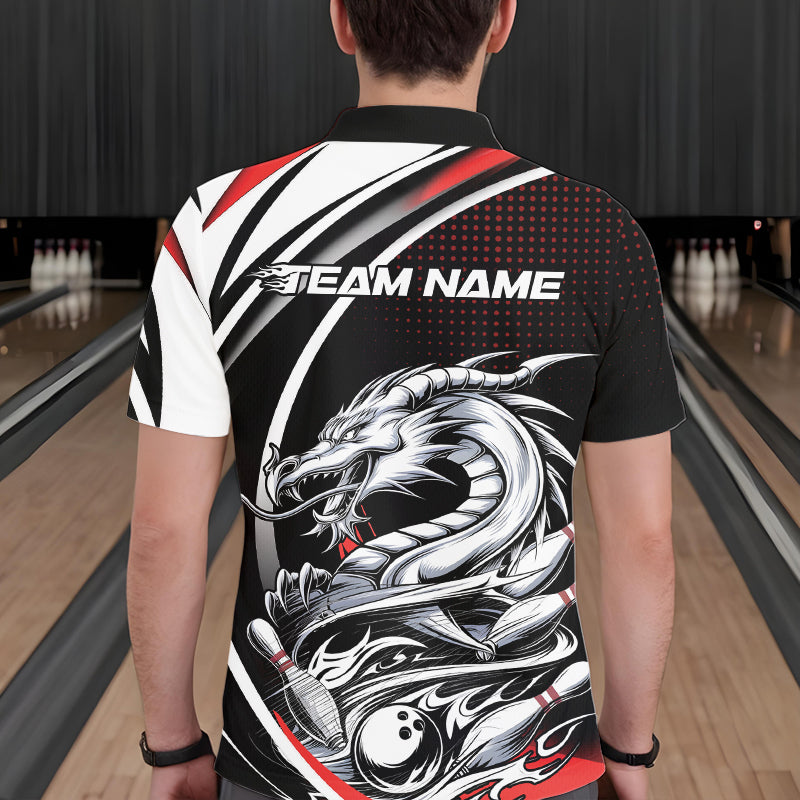 Custom Black And Red Dragon Bowling Team Polo Shirts For Men, Dragon Bowling Jerseys IPHW8705