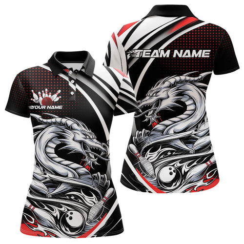Custom Black And Red Dragon Bowling Team Polo Shirts For Women, Dragon Bowling Jerseys IPHW8705