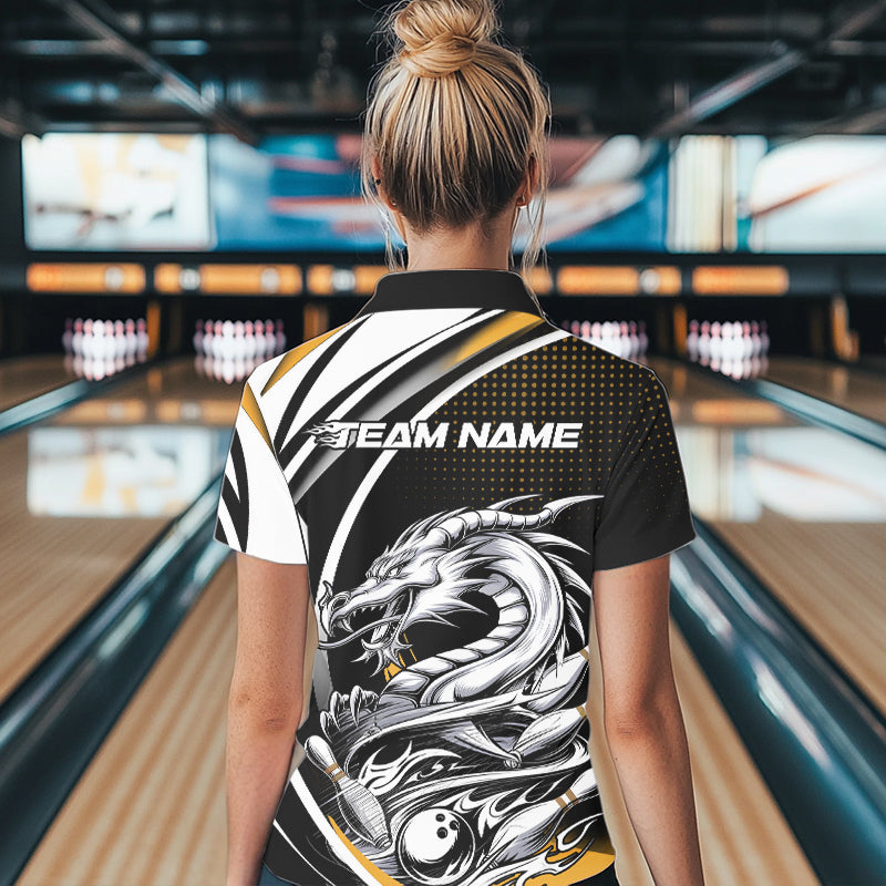 Custom Black And Yellow Dragon Bowling Team Polo Shirts For Women, Dragon Bowling Jerseys IPHW8707