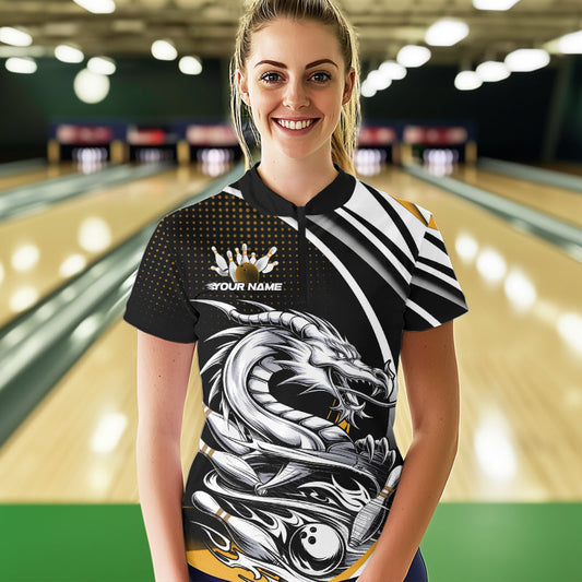 Custom Black And Yellow Dragon Bowling Women Quarter-Zip Shirts , Dragon Bowling Jerseys IPHW8707