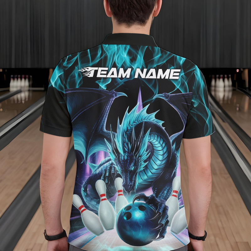 Custom Blue Flame Dragon Bowling Polo Shirts For Men, Dragon Bowling Team Jerseys IPHW8959