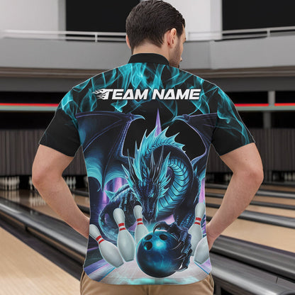 Custom Blue Flame Dragon Bowling Quarter-Zip Shirts For Men, Dragon Bowling Team Jerseys IPHW8959
