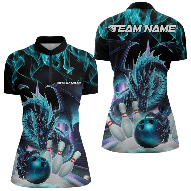 Custom Blue Flame Dragon Bowling Quarter-Zip Shirts For Women, Dragon Bowling Team Jerseys IPHW8959