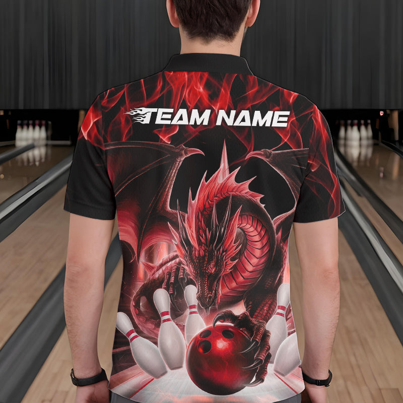 Custom Red Flame Dragon Bowling Polo Shirts For Men, Dragon Bowling Team Jerseys IPHW8960