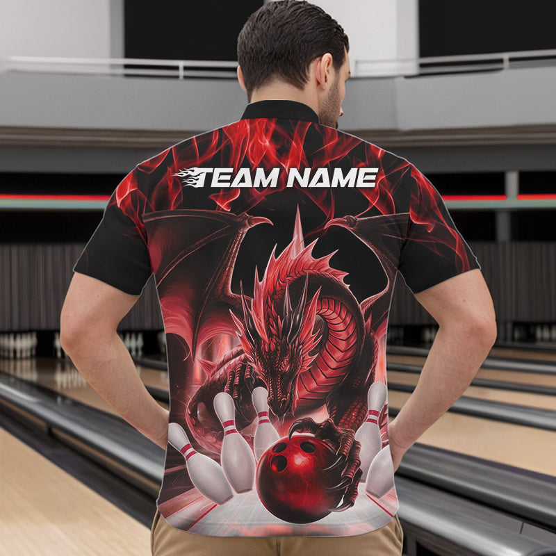 Custom Red Flame Dragon Bowling Quarter-Zip Shirts For Men, Dragon Bowling Team Jerseys IPHW8960