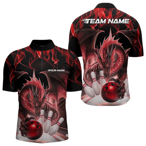 Custom Red Flame Dragon Bowling Quarter-Zip Shirts For Men, Dragon Bowling Team Jerseys IPHW8960
