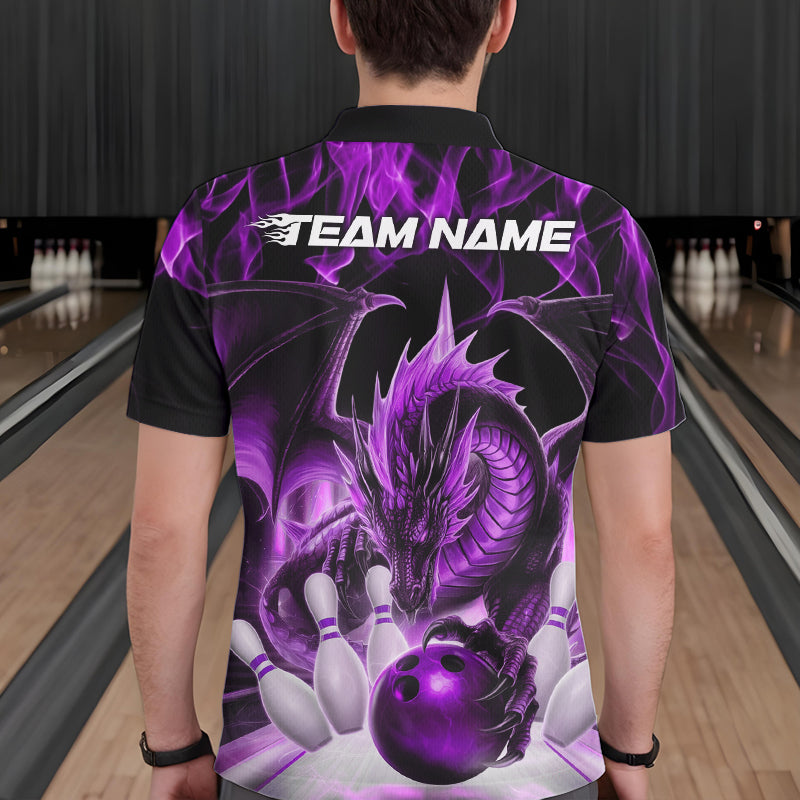 Custom Purple Flame Dragon Bowling Polo Shirts For Men, Dragon Bowling Team Jerseys IPHW8961