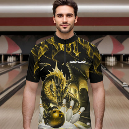 Custom Yellow Flame Dragon Bowling Quarter-Zip Shirts For Men, Dragon Bowling Team Jerseys IPHW8962