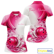 Load image into Gallery viewer, Custom Pink Butterfly Bowling Women Polo Shirt, Ladies Bowling League Shirt IPHW11351