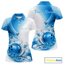 Load image into Gallery viewer, Custom Blue Butterfly Bowling Women Polo Shirt, Ladies Bowling League Shirt IPHW11352