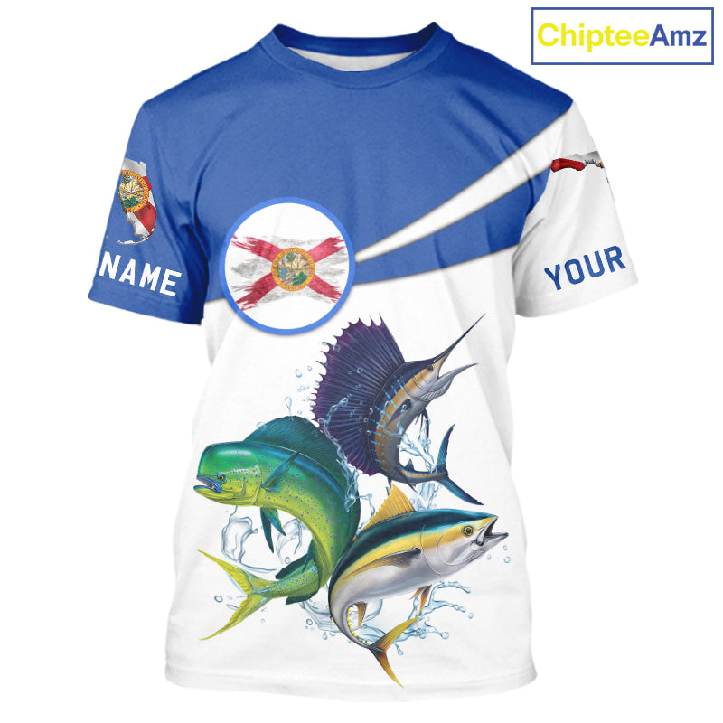 Fishing-themed t-shirt with Mahi Mahi, Sailfish, Tuna fish graphics and Florida flag on a white background