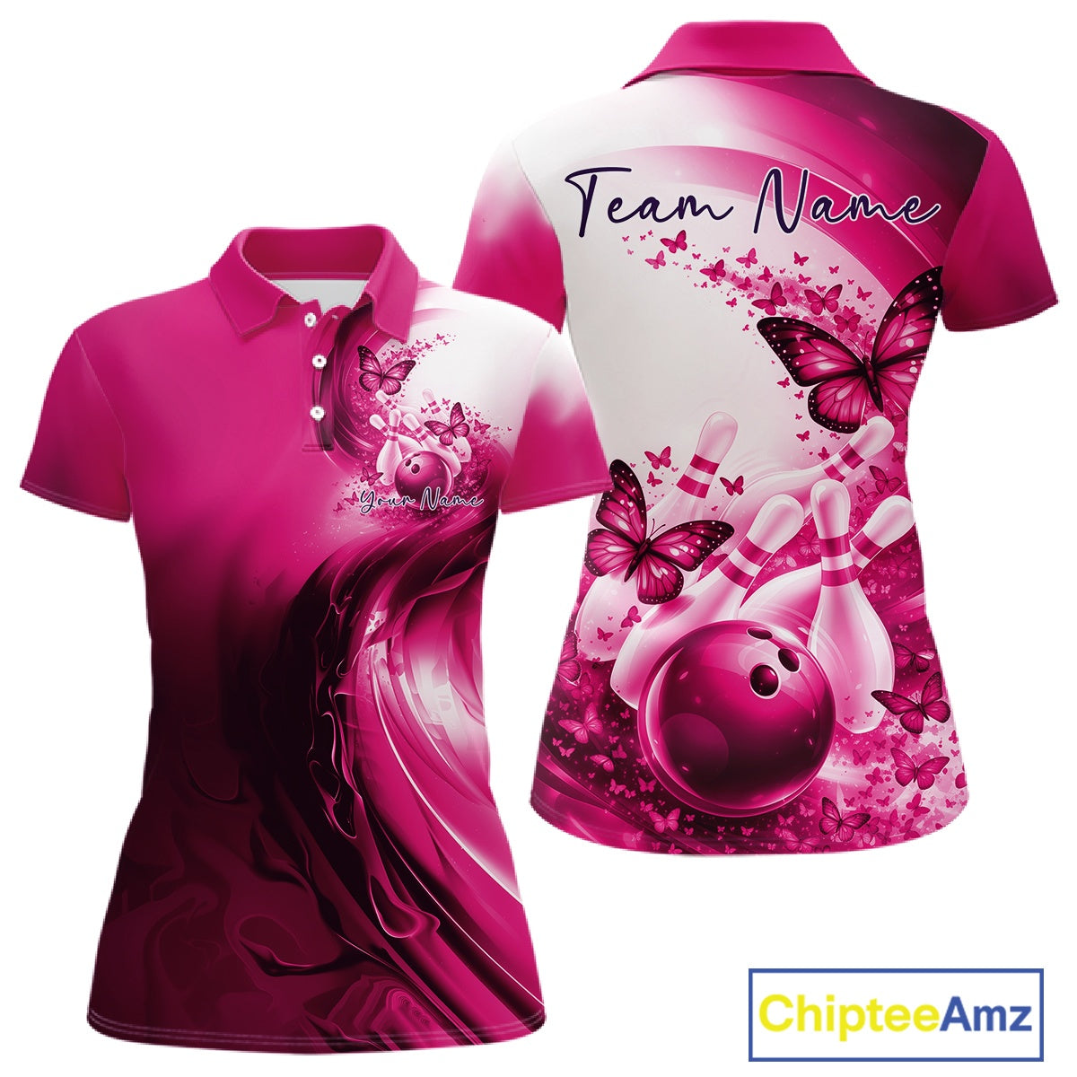Front and back mockup of a pink women s bowling polo shirt featuring butterfly accents and bowling graphics.