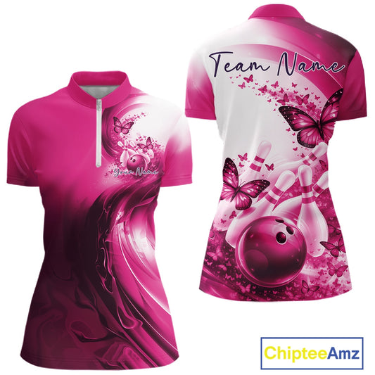 Pink bowling shirt with butterfly design and 'Team Name' text on a white background