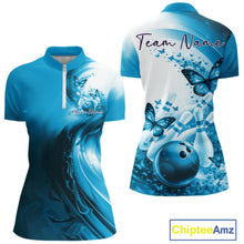 Load image into Gallery viewer, Custom Blue Butterfly Bowling Women Quarter-Zip Shirt, Ladies Bowling Team Outfits IPHW11356