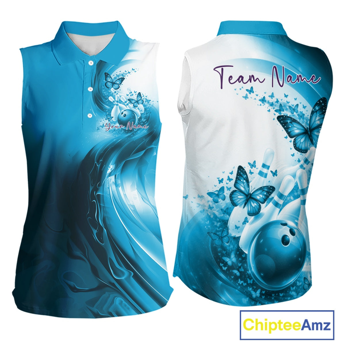 Blue and white sleeveless sports jersey with butterfly design and 'Team Name' text, ChipteeAmz branding visible.