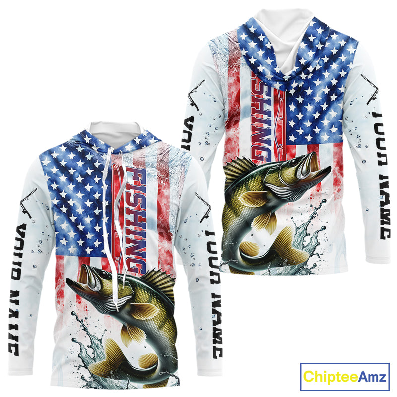 Custom Patriotic Walleye US Flag Long Sleeve Hooded Fishing Shirt, Walleye Fishing Jersey IPHW9199