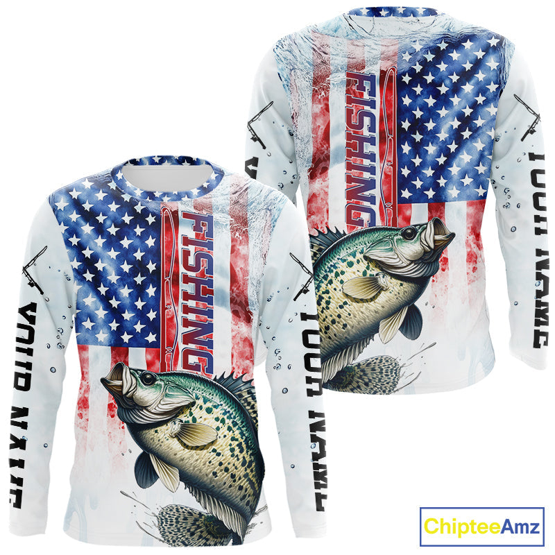 Custom Patriotic Crappie US Flag Long Sleeve Fishing Shirt, Crappie Fishing Jersey IPHW9200