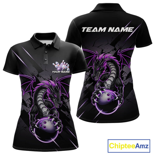 Custom Glowing Purple Dragon Bowling Team Polo Shirts For Women, Dragon Bowling Jerseys IPHW9539