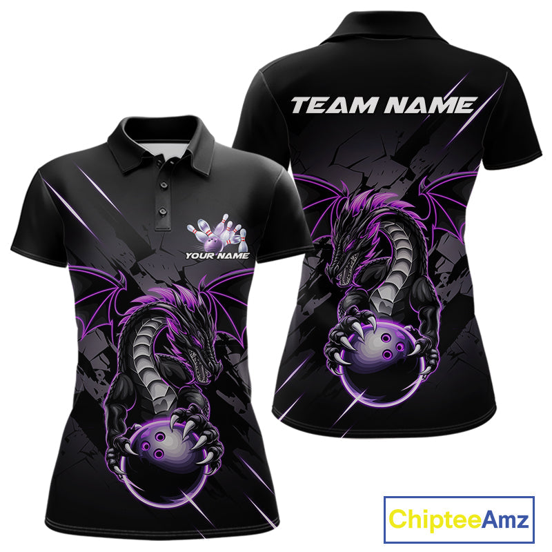 Custom Glowing Purple Dragon Bowling Team Polo Shirts For Women, Dragon Bowling Jerseys IPHW9539