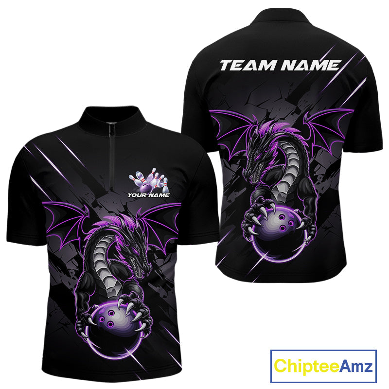 Custom Glowing Purple Dragon Bowling Team Quarter-Zip Shirts For Men, Dragon Bowling Jerseys IPHW9539