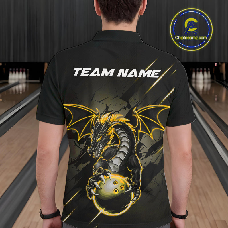 Custom Glowing Yellow Dragon Bowling Team Polo Shirts For Men, Dragon Bowling Jerseys IPHW9540
