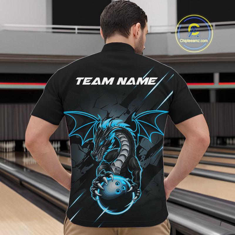 Custom Glowing Blue Dragon Bowling Team Quarter-Zip Shirts For Men, Dragon Bowling Jerseys IPHW9541