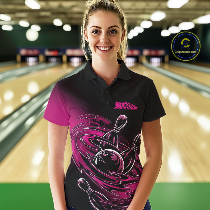 Custom Black And Pink Flame Bowling Polo Shirts For Women, Team Bowling League Shirt IPHW9777
