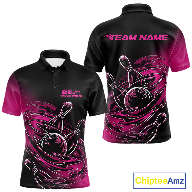 Custom Black And Pink Flame Bowling Polo Shirts For Men, Team Bowling League Shirt IPHW9777