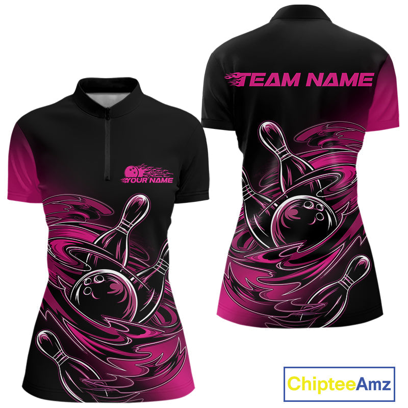 Custom Black And Pink Flame Bowling Women Quarter-Zip Shirts, Team Bowling League Shirt IPHW9777
