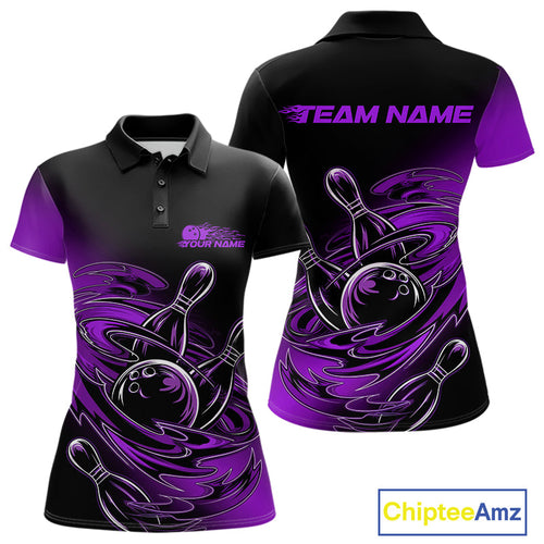 Custom Black And Purple Flame Bowling Polo Shirts For Women, Team Bowling League Shirt IPHW9778