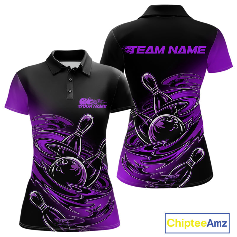 Custom Black And Purple Flame Bowling Polo Shirts For Women, Team Bowling League Shirt IPHW9778