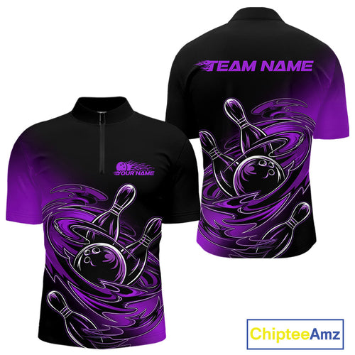 Custom Black And Purple Flame Bowling Quarter-Zip Shirts For Men, Team Bowling League Shirt IPHW9778