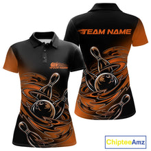 Load image into Gallery viewer, Custom Black And Orange Flame Bowling Polo Shirts For Women, Team Bowling League Shirt IPHW9779