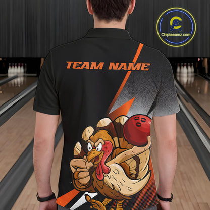 Custom Funny Orange Turkey Bowling Team Men Polo Shirts, Thanksgiving Bowling Shirt IPHW9783