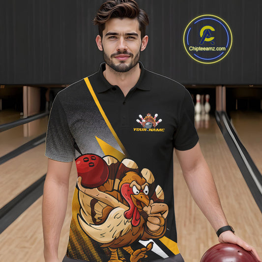 Custom Funny Yellow Turkey Bowling Team Men Polo Shirts, Thanksgiving Bowling Shirt IPHW9784