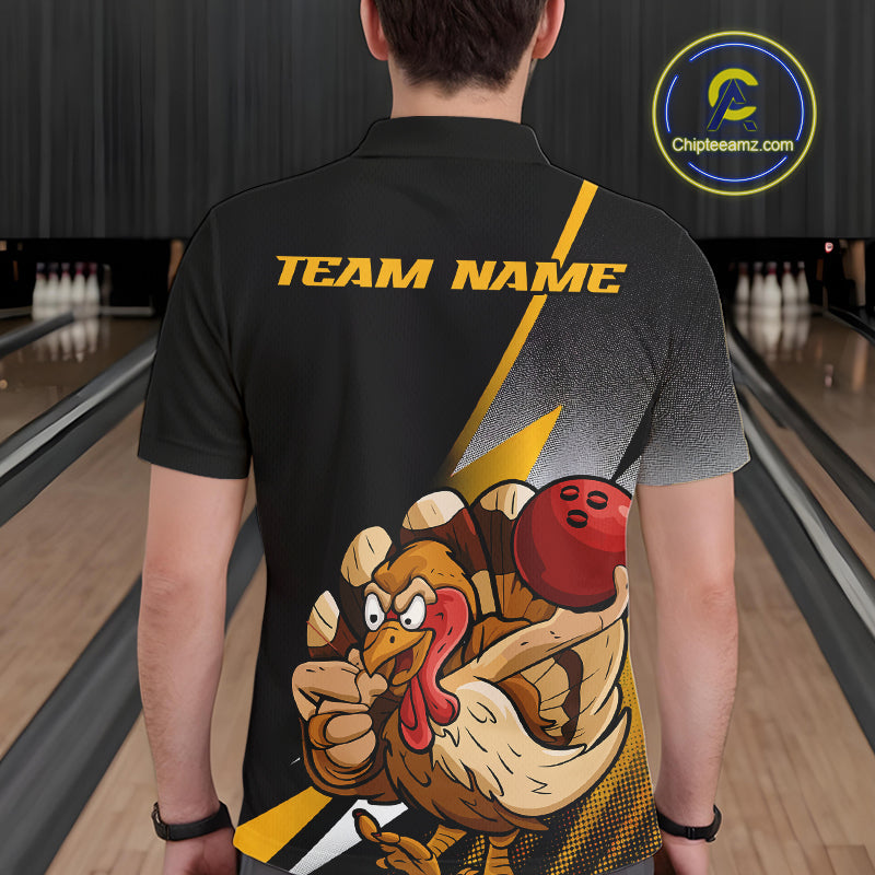 Custom Funny Yellow Turkey Bowling Team Men Polo Shirts, Thanksgiving Bowling Shirt IPHW9784