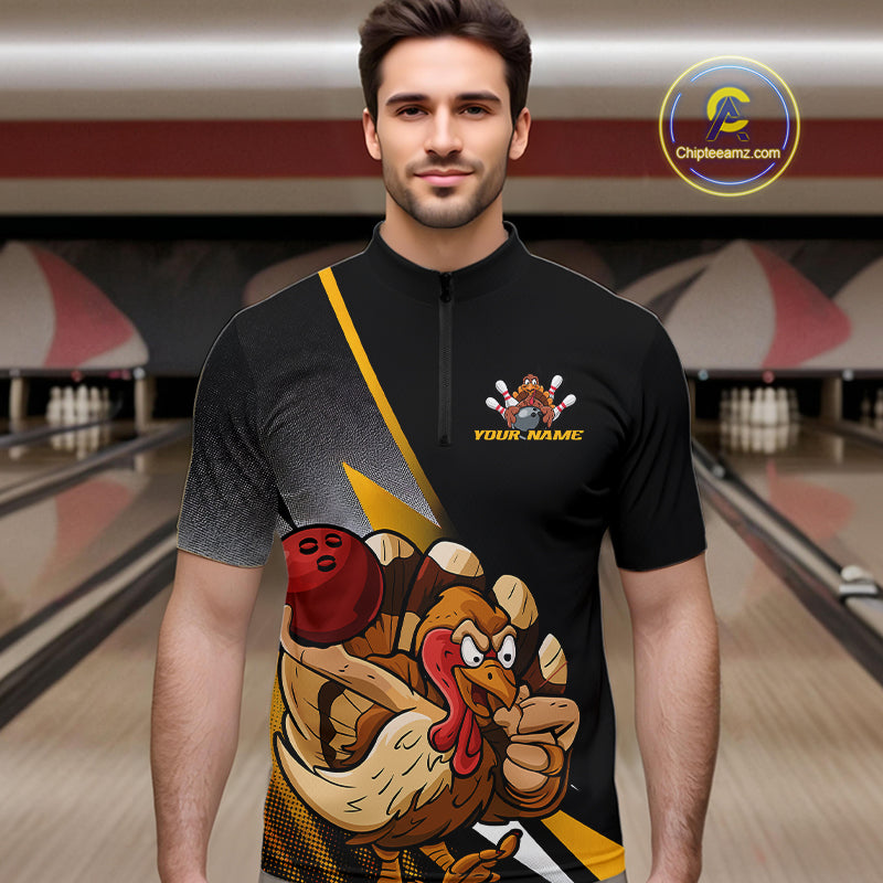 Custom Funny Yellow Turkey Bowling Team Men Quarter-Zip Shirts, Thanksgiving Bowling Shirt IPHW9784