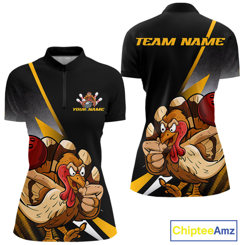 Custom Funny Yellow Turkey Bowling Women Quarter-Zip Shirts, Thanksgiving Bowling Shirt IPHW9784
