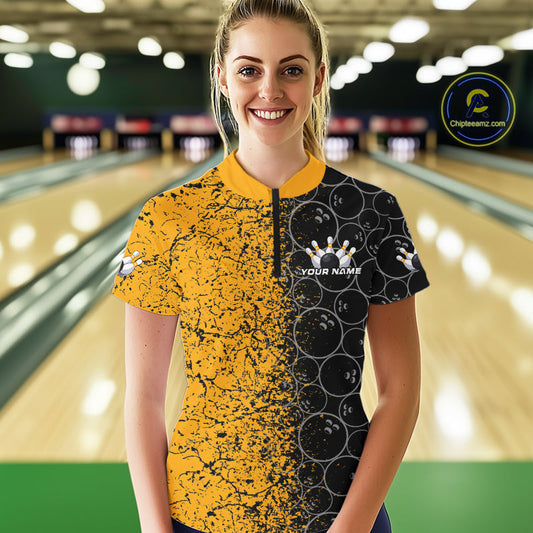 Custom Black And Yellow Bowling Ball Pattern Bowling Team Women Quarter-Zip Shirts IPHW9788