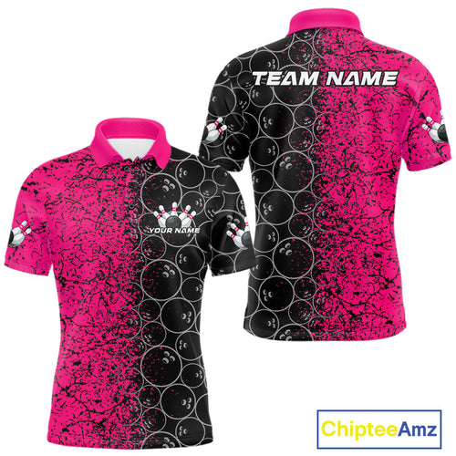 Custom Black And Pink Splatter Bowling Ball Pattern Bowling Team Polo Shirts For Men IPHW9789
