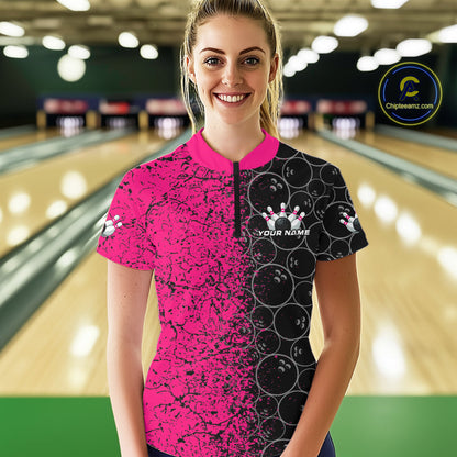 Custom Black And Pink Splatter Bowling Ball Pattern Bowling Team Women Quarter-Zip Shirts IPHW9789