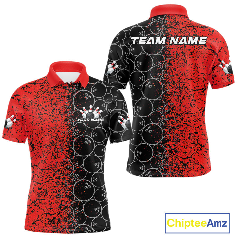 Custom Black And Red Splatter Bowling Ball Pattern Bowling Team Polo Shirts For Men IPHW9790