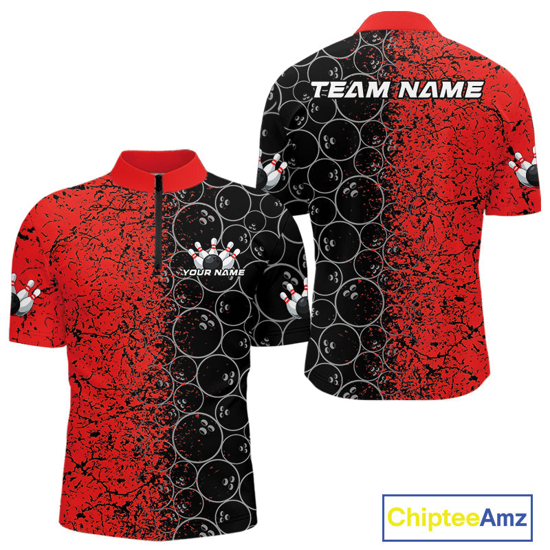Custom Black And Red Splatter Bowling Ball Pattern Bowling Team Quarter-Zip Shirts For Men IPHW9790