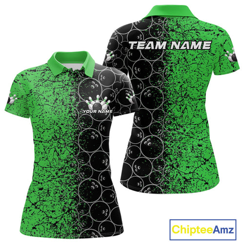Custom Black And Green Splatter Bowling Ball Pattern Bowling Team Polo Shirts For Women IPHW9792