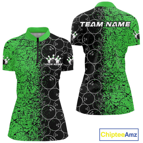 Custom Black And Green Splatter Bowling Ball Pattern Bowling Team Women Quarter-Zip Shirt IPHW9792