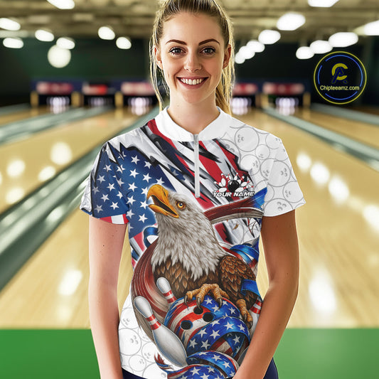 Custom Patriotic US Flag Eagle Bowling Women Shirt, USA Bowling Team League Shirt IPHW10163