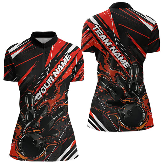 Black And Red Custom Flame Bowling Quarter-Zip Shirts For Women, Fire Bowling Jerseys IPHW8247