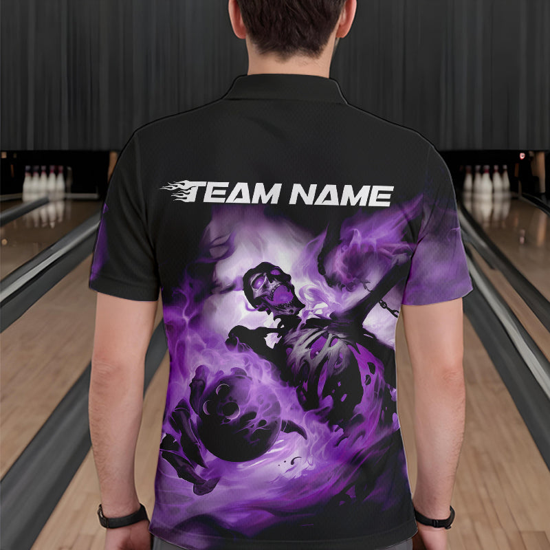 Custom Black And Purple Flame Skeleton Bowling Polo Shirts For Men, Skull Bowling Team Shirt IPHW8464