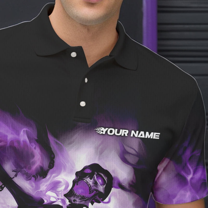 Custom Black And Purple Flame Skeleton Bowling Polo Shirts For Men, Skull Bowling Team Shirt IPHW8464