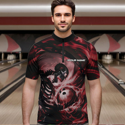 Custom Red Flame Skull Bowling Quarter-Zip Shirts For Men, Bowling Tournament Bowling Team Shirt IPHW8469
